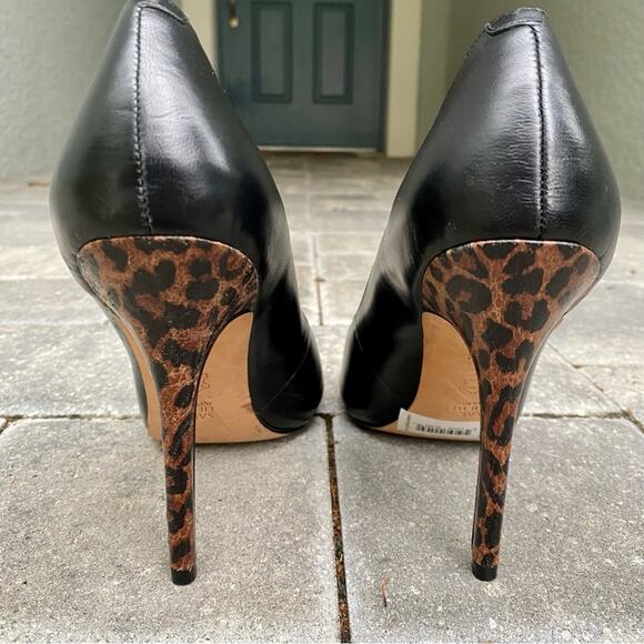 Saks Fifth Avenue Adriana Black and Leopard Print Leather High Peep Toe Heels - Picture 3 of 10